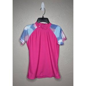 Eddie Bauer Girls Large (14-16) Pink Short Sleeve Zip Back Swim Rash Guard